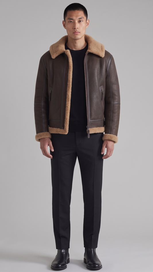 DARK BROWN LEATHER AVIATOR JACKET WITH TAN SHEARLING