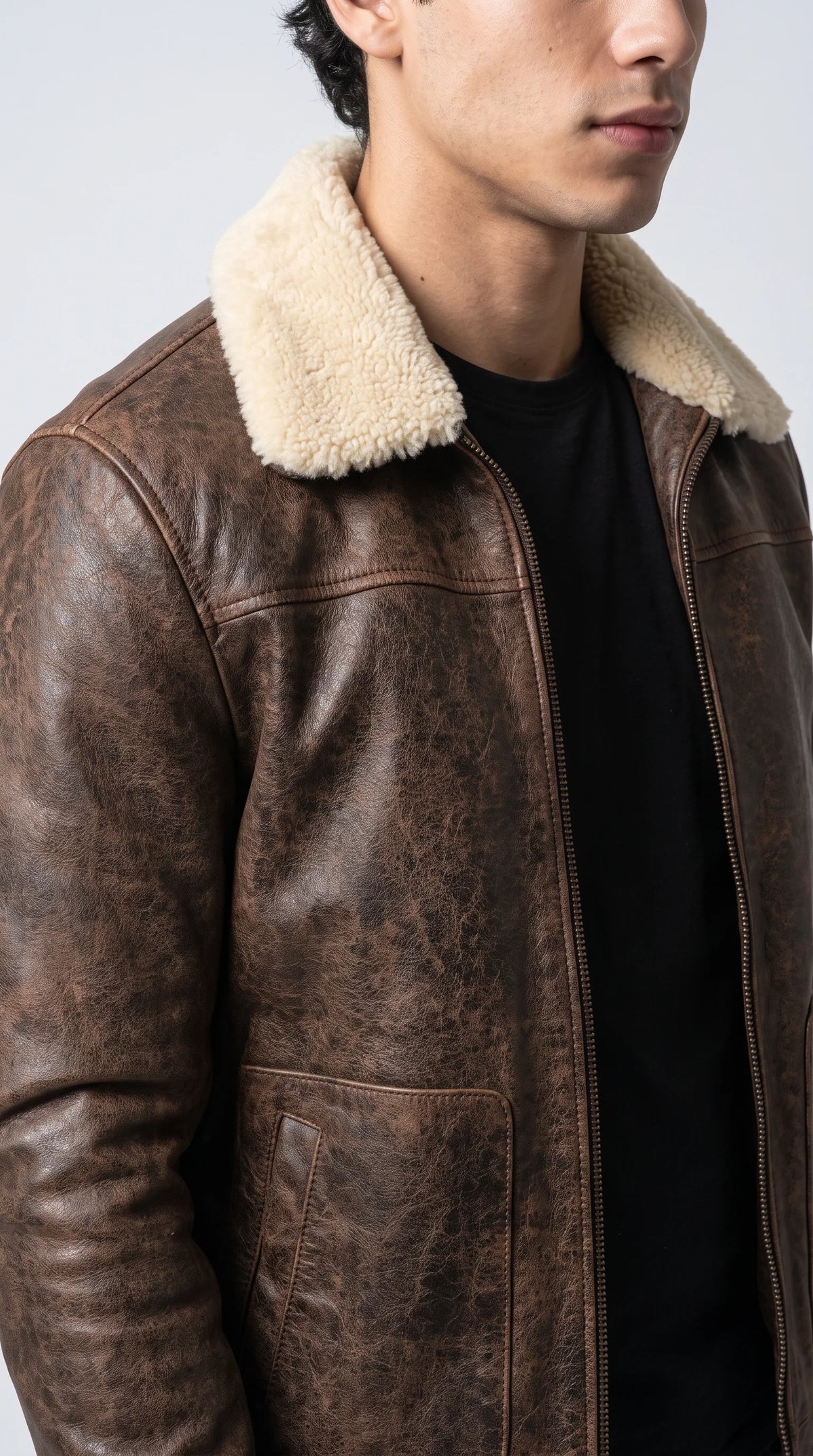 DARK BROWN DISTRESSED LEATHER BOMBER JACKET WITH CREAM SHEARLING