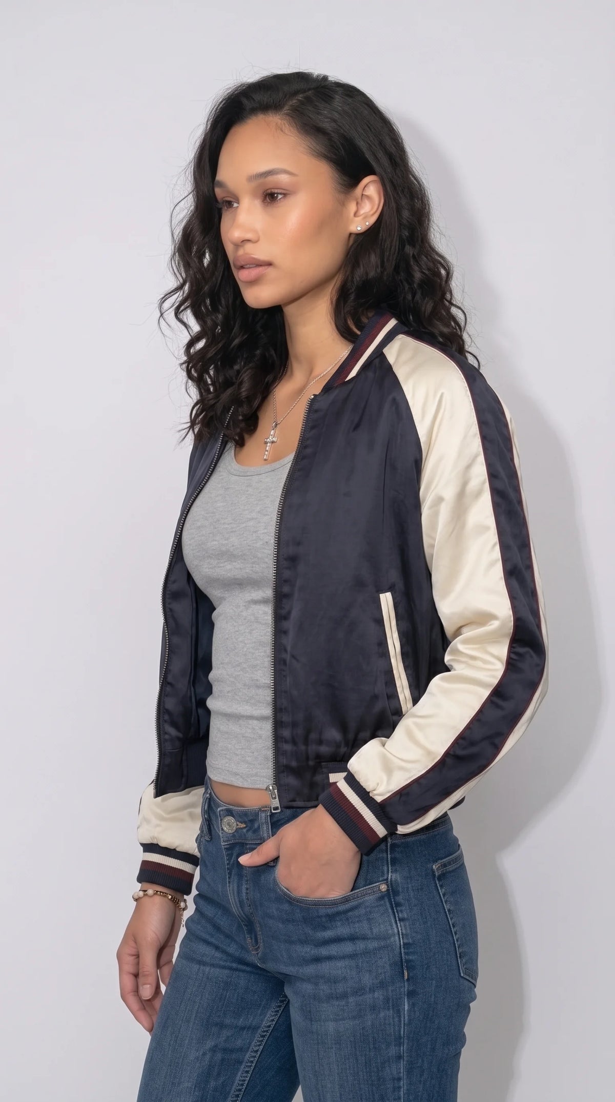 DARK NAVY BLUE STRIPED SILK-COTTON JACKET