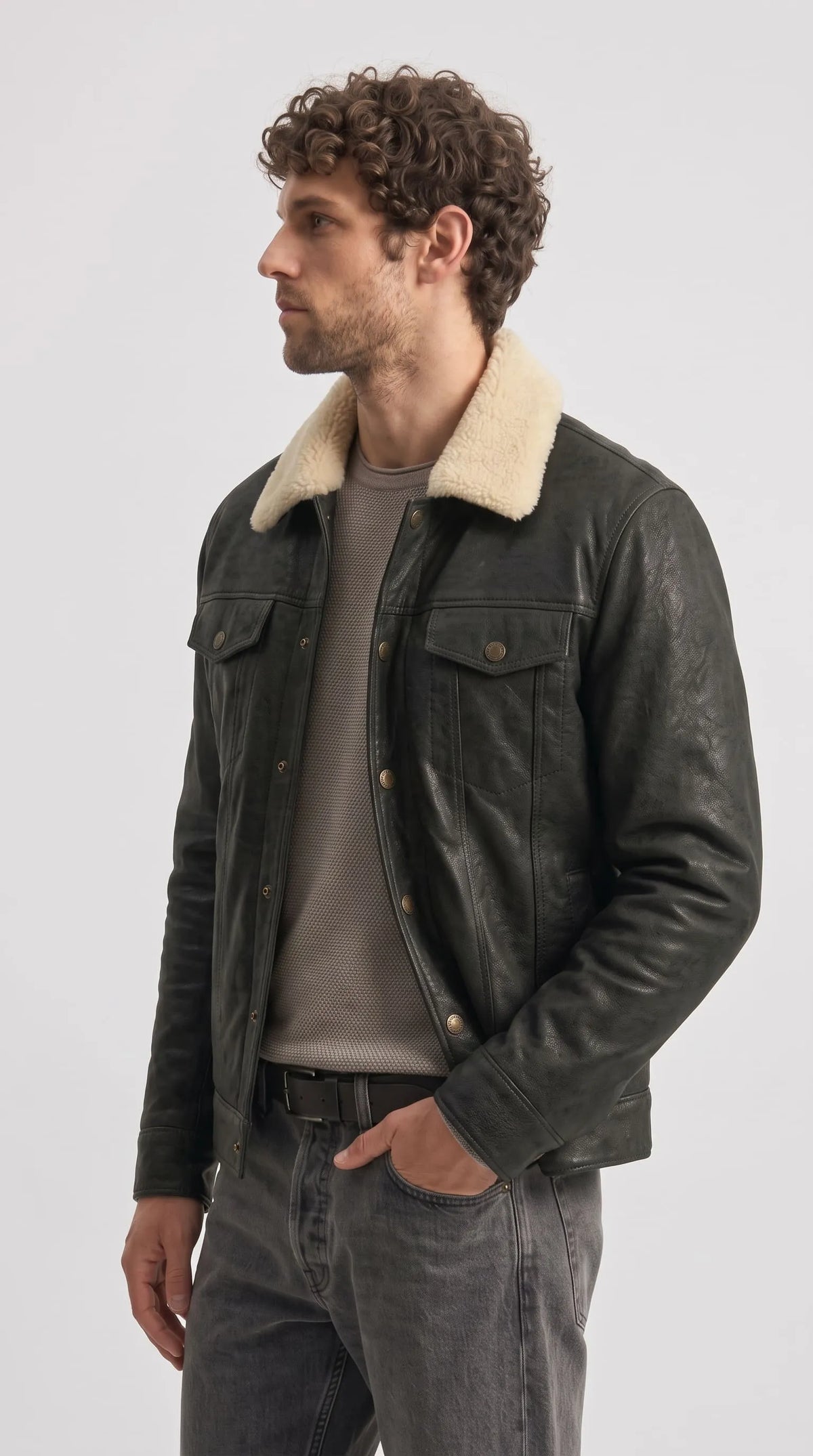 BLACK LEATHER TRUCKER JACKET WITH CREAM SHEARLING COLLAR