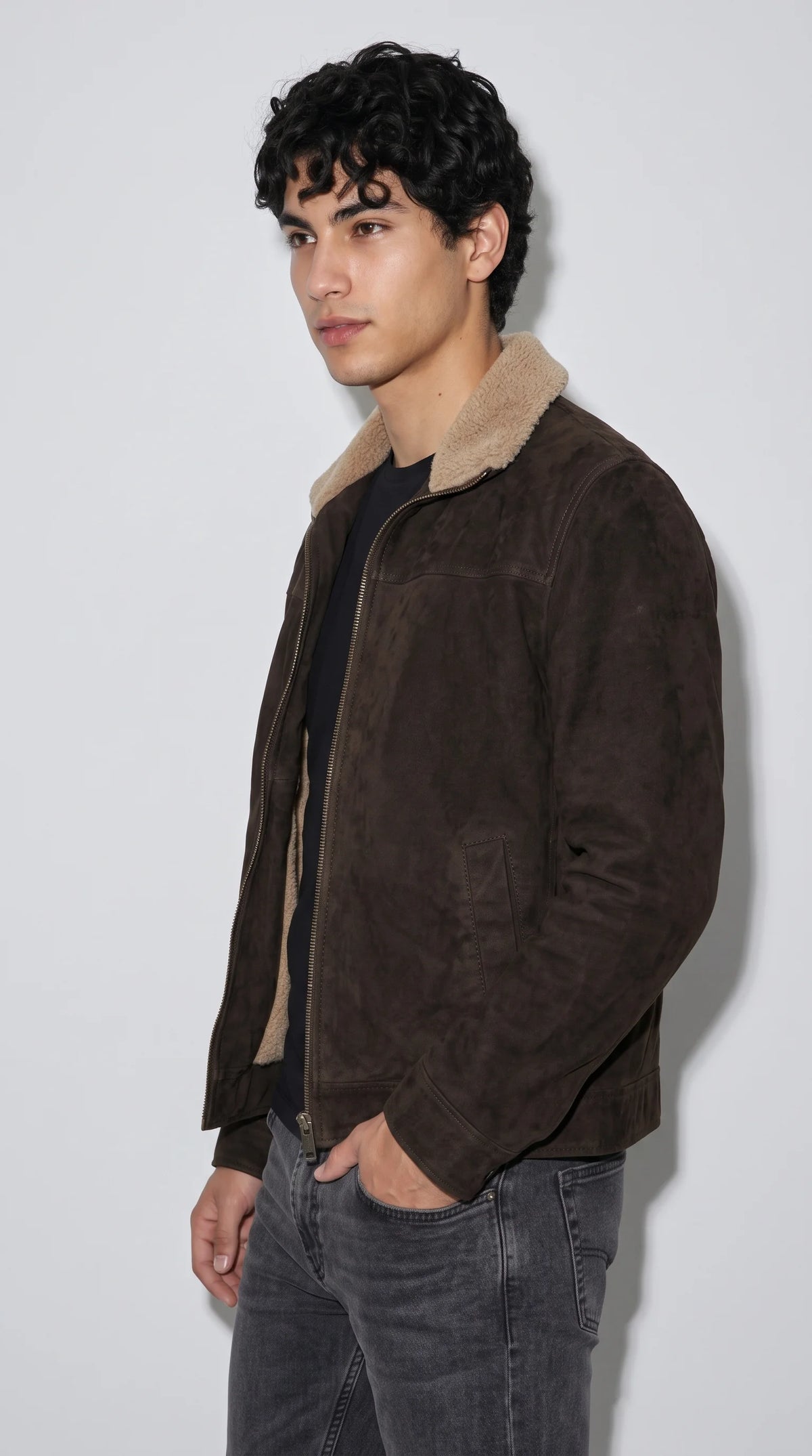 DARK CHOCOLATE BROWN SUEDE JACKET WITH SHEARLING