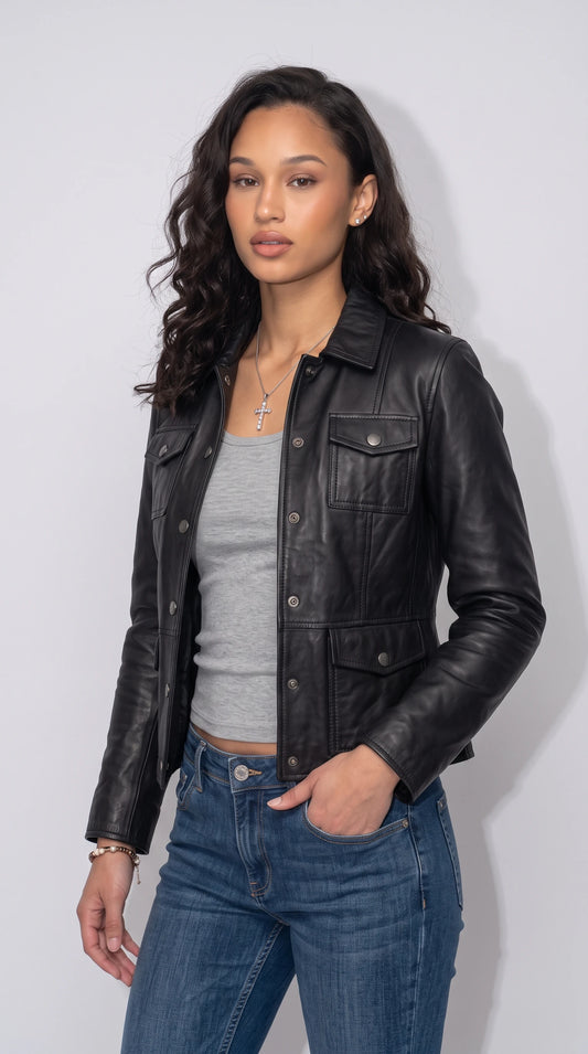 BLACK LEATHER TRUCKER JACKET