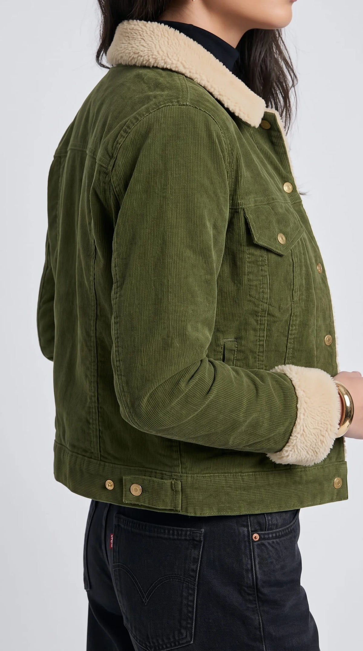 OLIVE SUEDE DENIM JACKET WITH OFF-WHITE FAUX SHEARLING