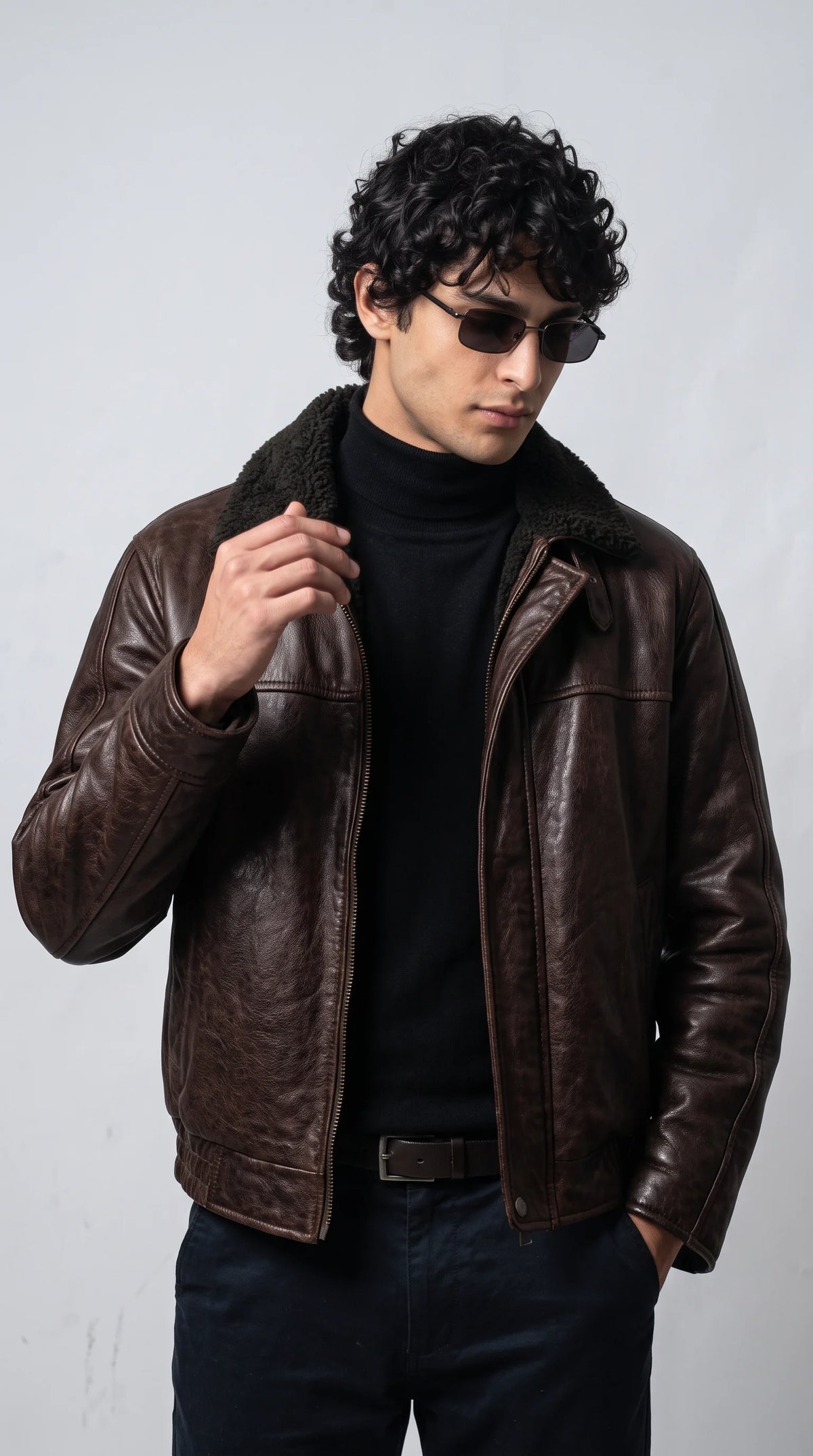 DARK BROWN LEATHER JACKET WITH BLACK SHEARLING