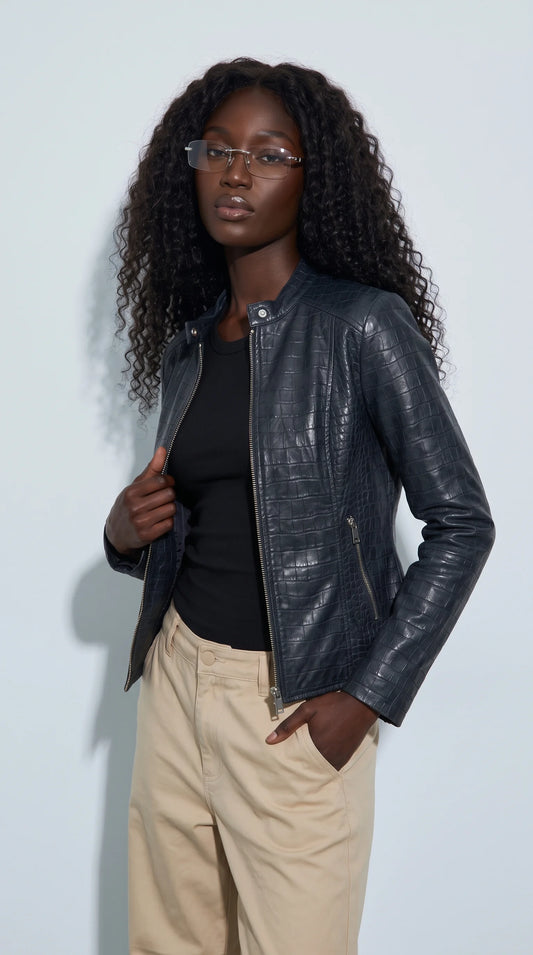 WOMEN BLACK CROCODILE LEATHER JACKET