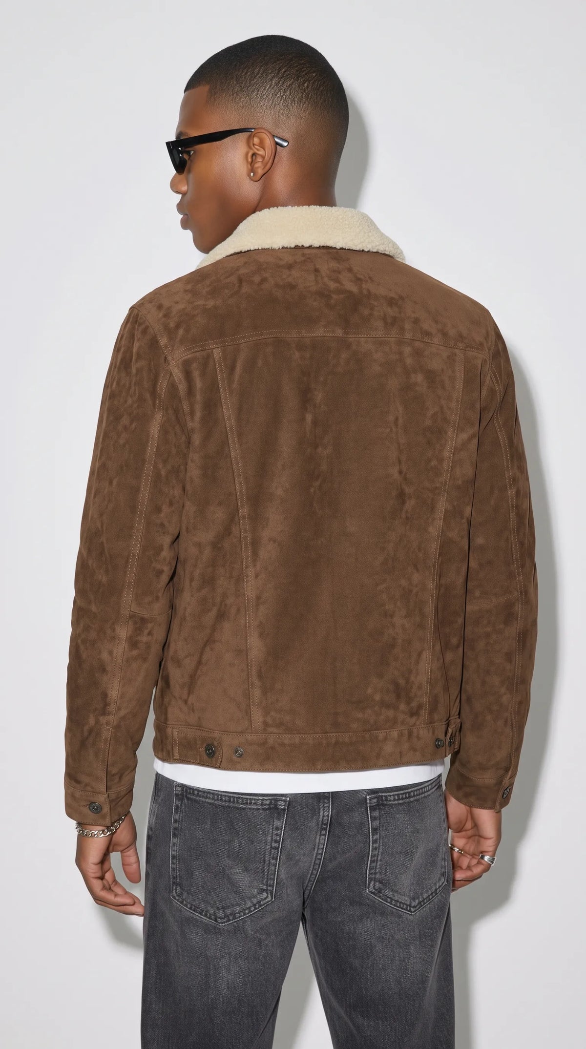 DARK CHOCOLATE BROWN SUEDE TRUCKER JACKET WITH CREAM SHEARLING