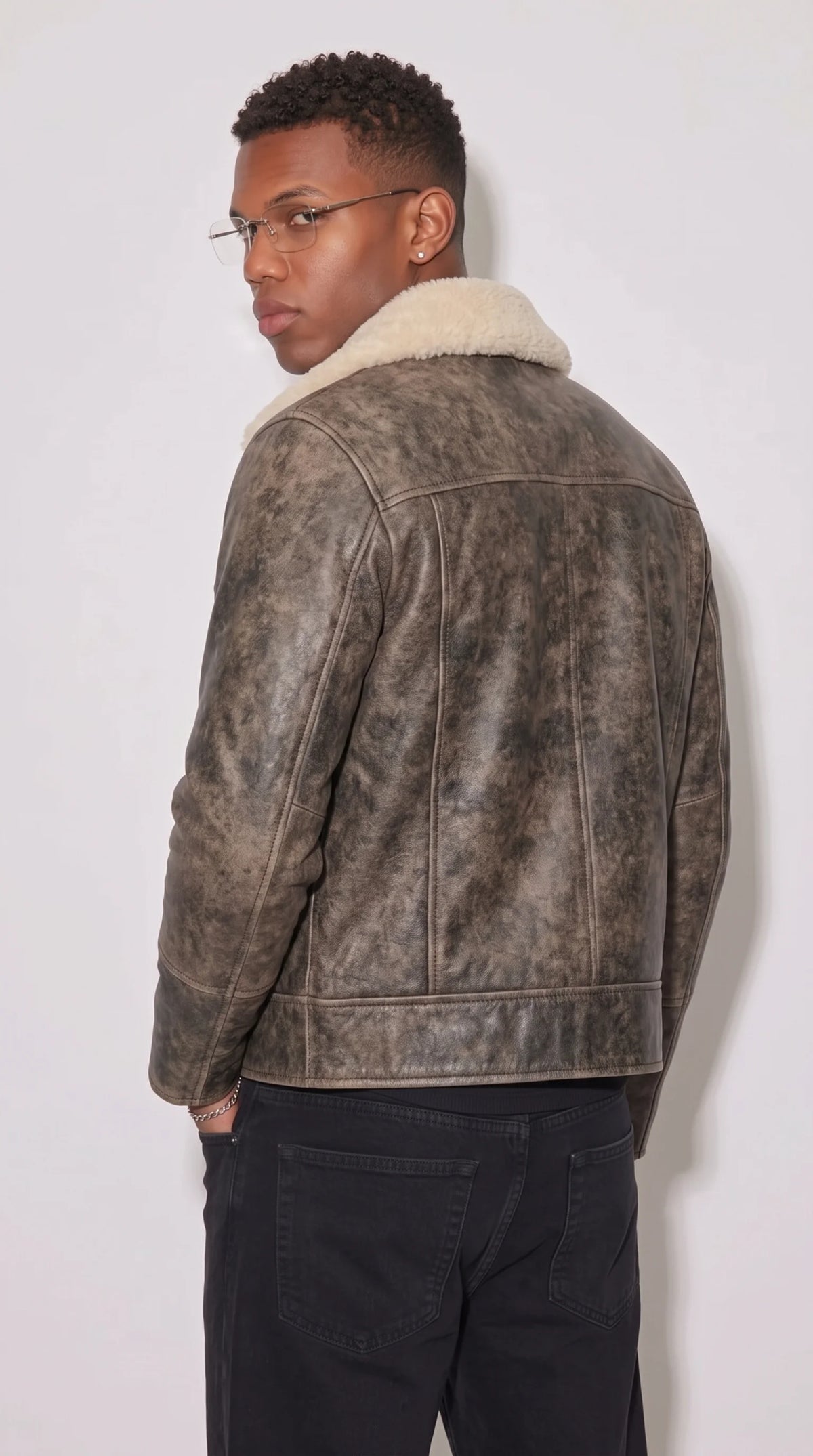 DARK GREY DISTRESSED LEATHER WITH WHITE SHEARLING JACKET