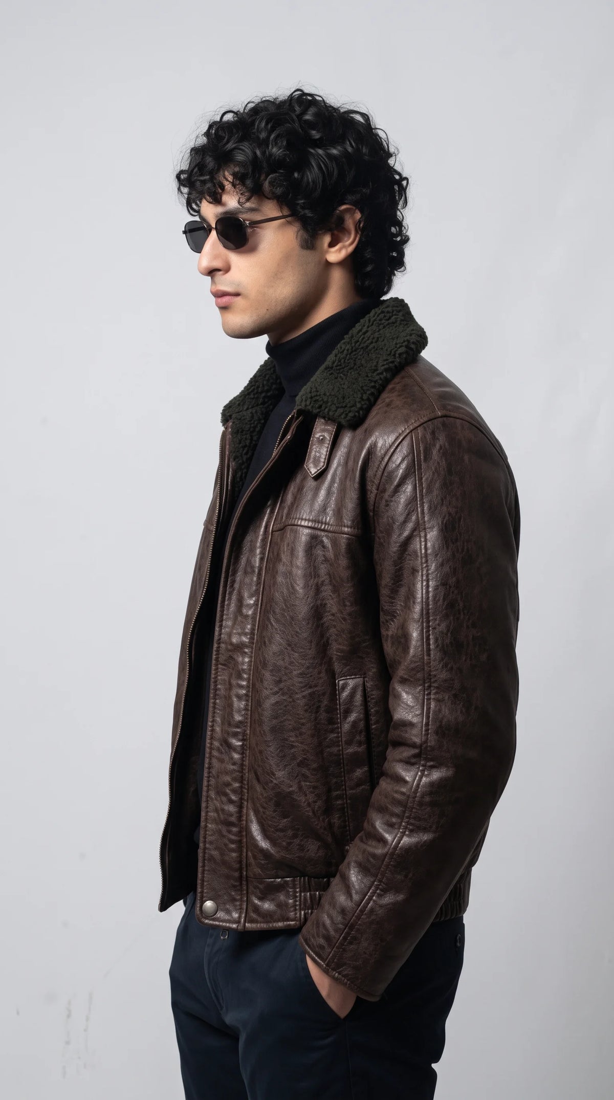 DARK BROWN LEATHER JACKET WITH BLACK SHEARLING