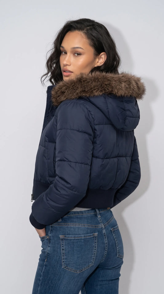 DARK NAVY PUFFER HIGH-WAIST CROPPED JACKET WITH FUR HOOD
