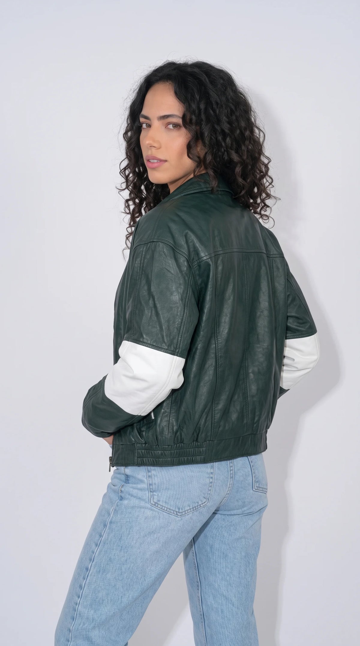 DARK GREEN WITH WHITE STRIPED OVERSIZED LEATHER JACKET