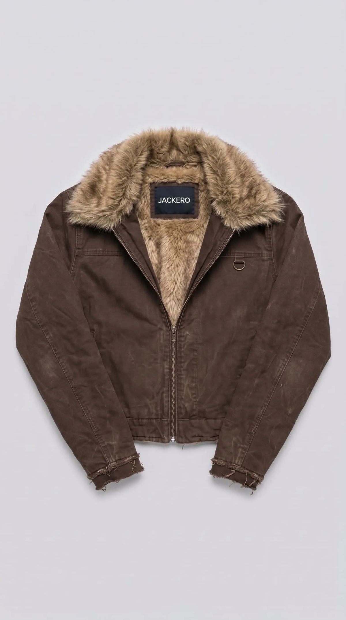 DARK KHAKI DENIM YK2 JACKET WITH FUR COLLAR