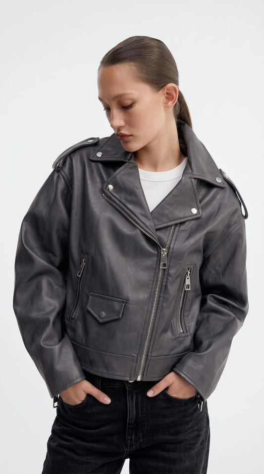 GREY LEATHER BIKER JACKET