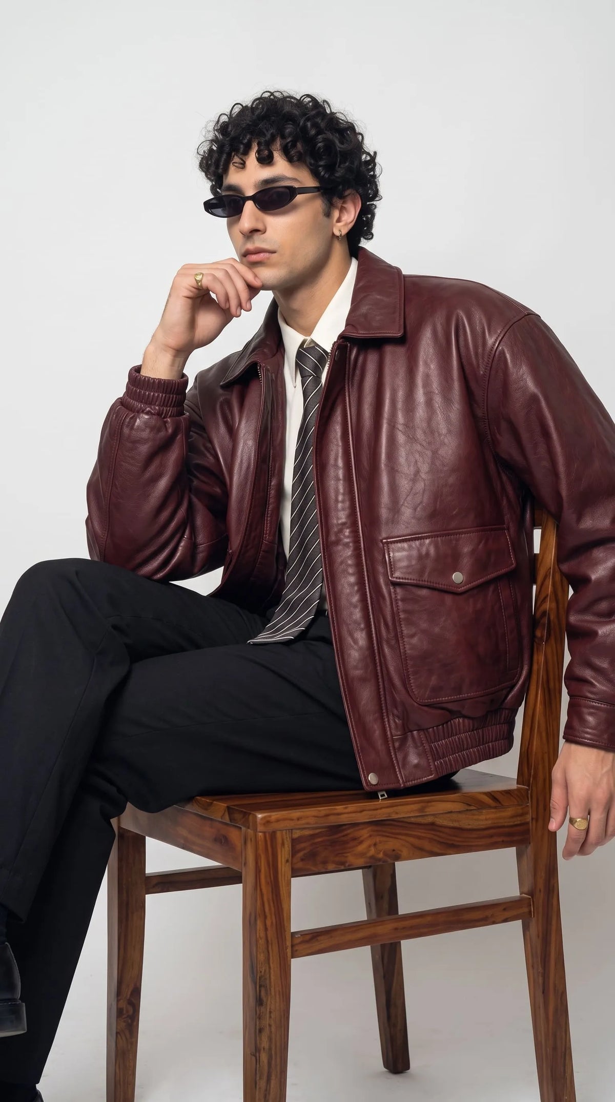 DARK RED LEATHER OVERSIZED BOMBER JACKET