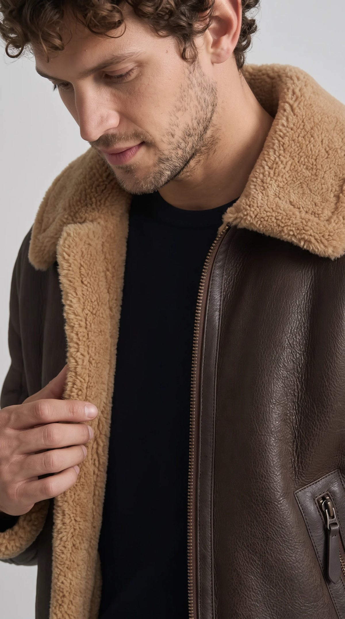 DARK BROWN LEATHER AVIATOR JACKET WITH TAN SHEARLING