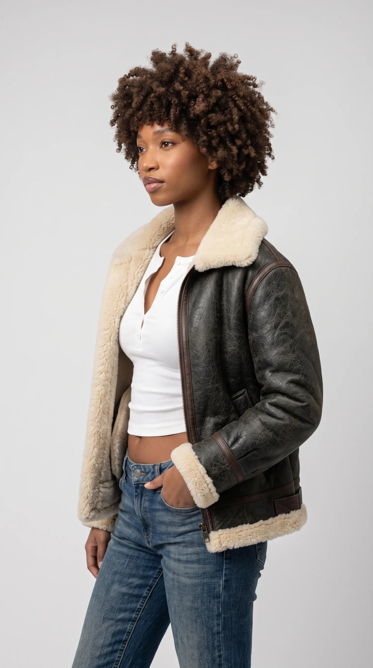 PREMIUM BLACK LEATHER AVIATOR FLIGHT JACKET WITH FAUX CREAM SHEARLING