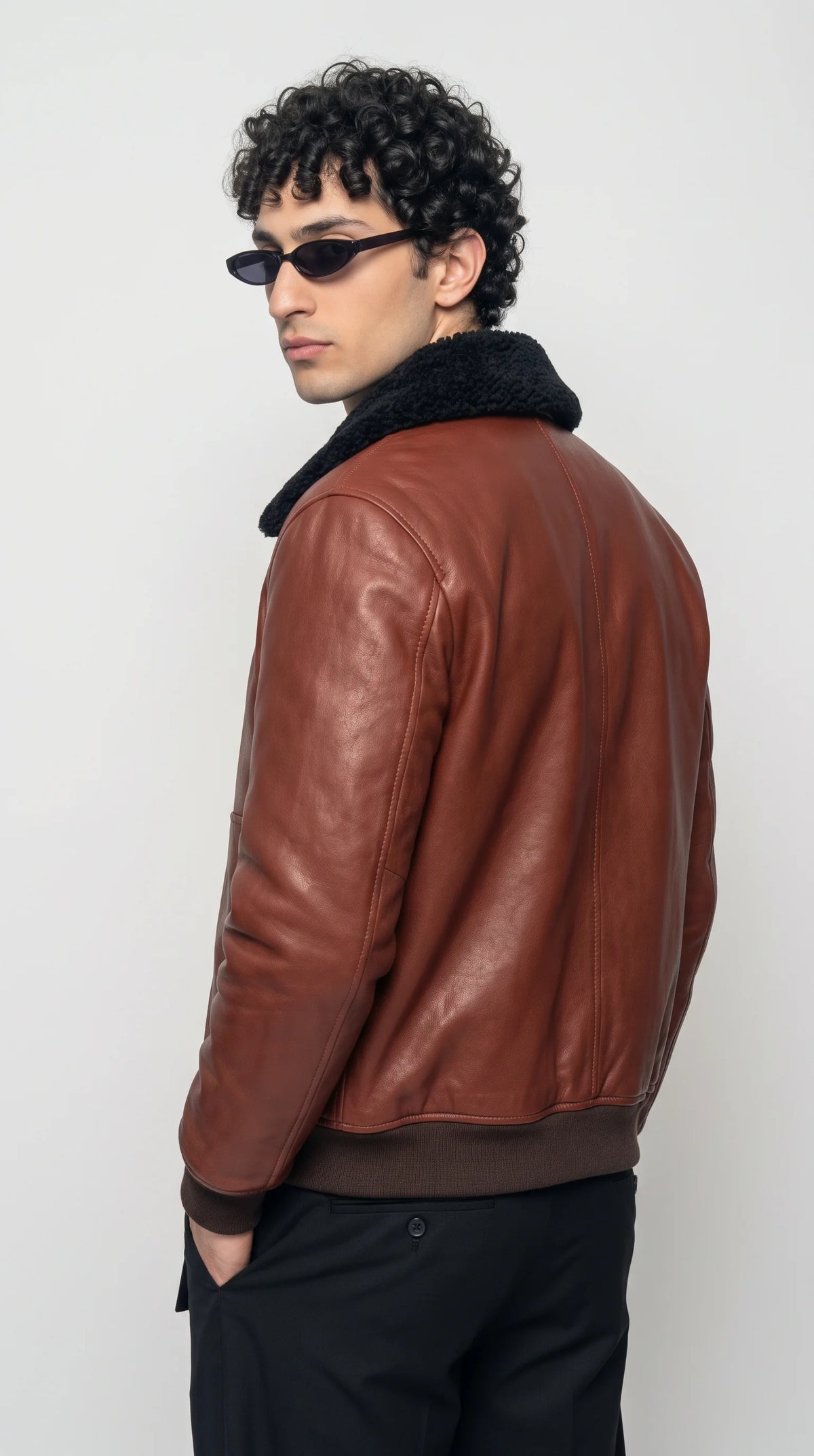 COGNAC LEATHER AVIATOR JACKET WITH BLACK SHEARLING