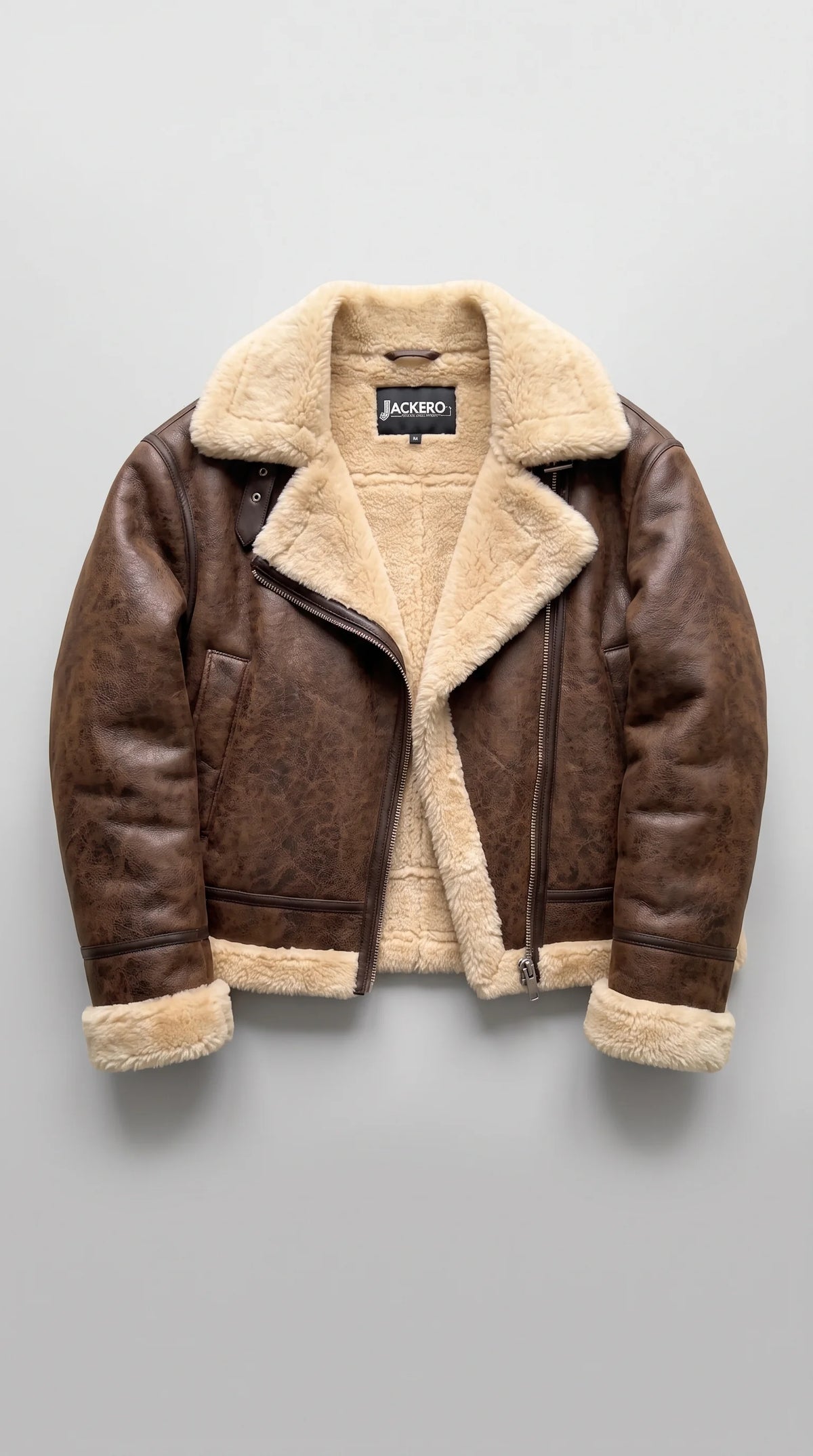 BROWN LEATHER CROPPED AVIATOR FLIGHT JACKET WITH CREAM SHEARLING