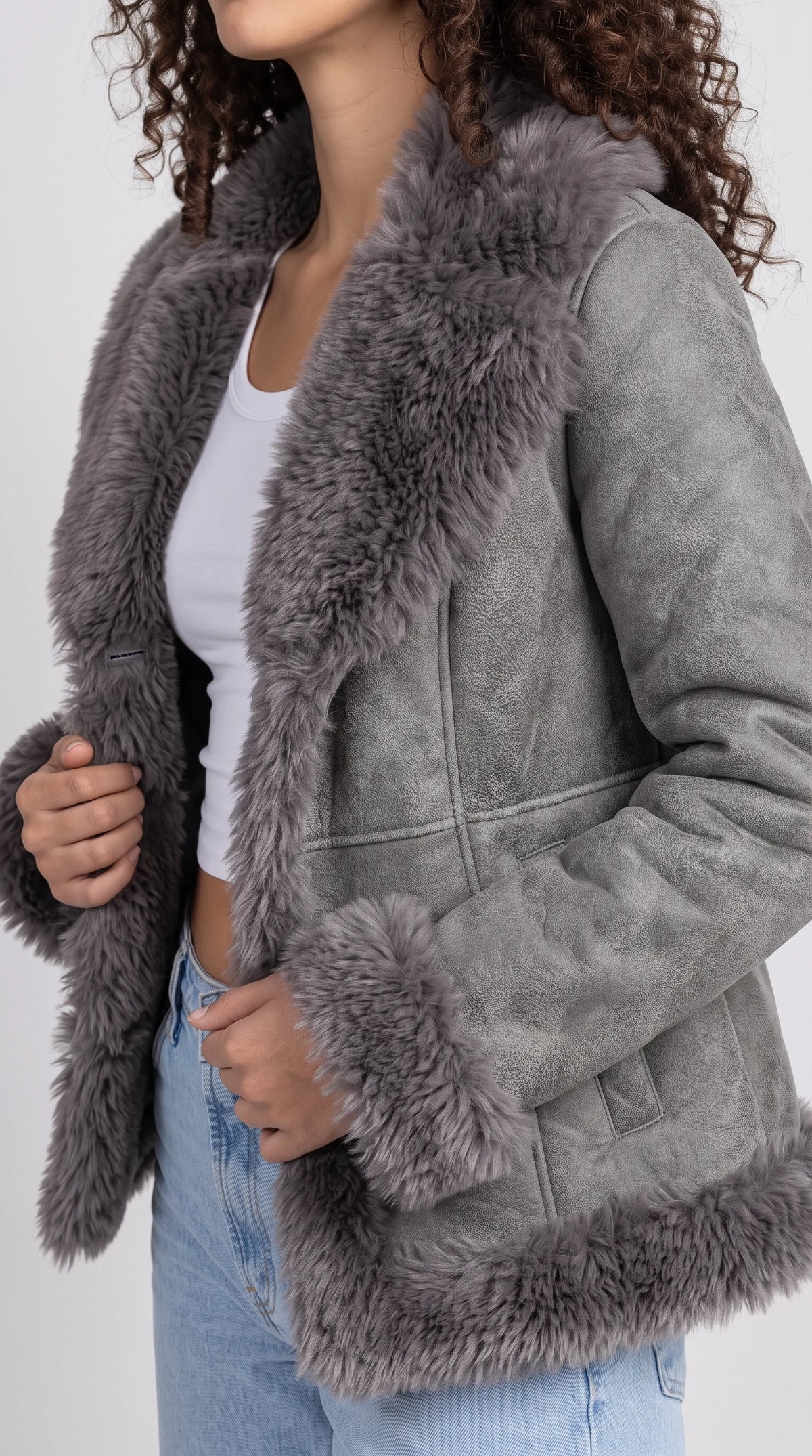 DARK GREY SUEDE AVIATOR FLIGHT JACKET WITH DARK GREY FAUX SHEARLING