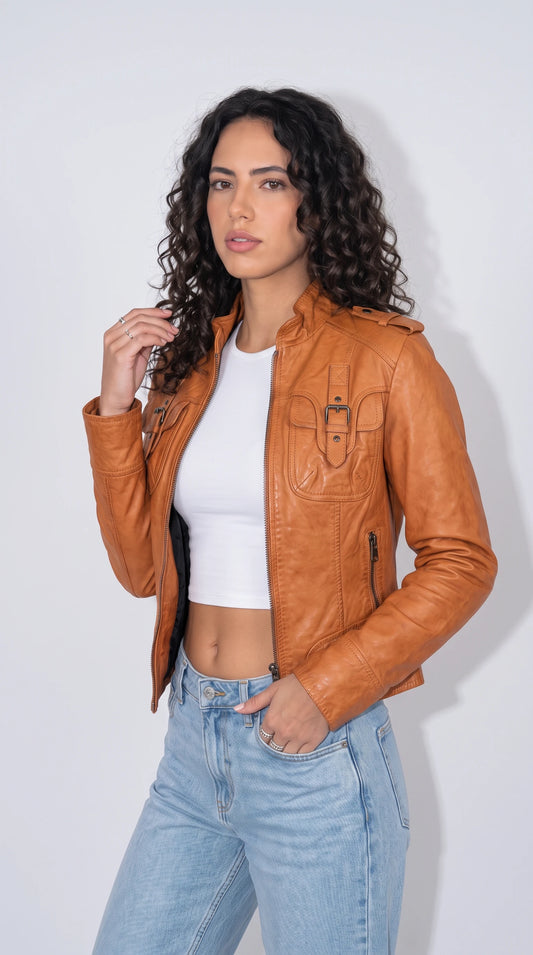 LIGHT BROWN LEATHER BIKER JACKET