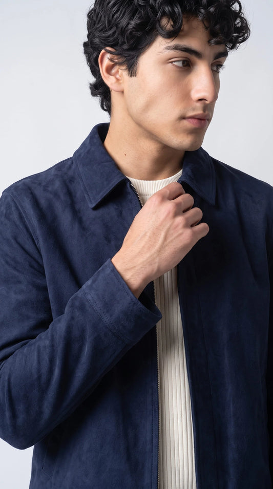 DARK NAVY BLUE SUEDE BOMBER JACKET