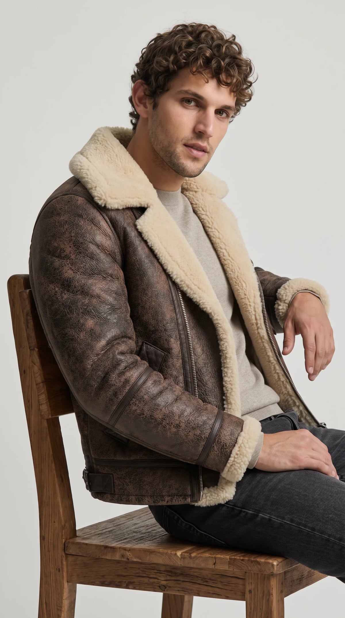 DARK BROWN DISTRESSED AVIATOR JACKET WITH CREAM SHEARLING