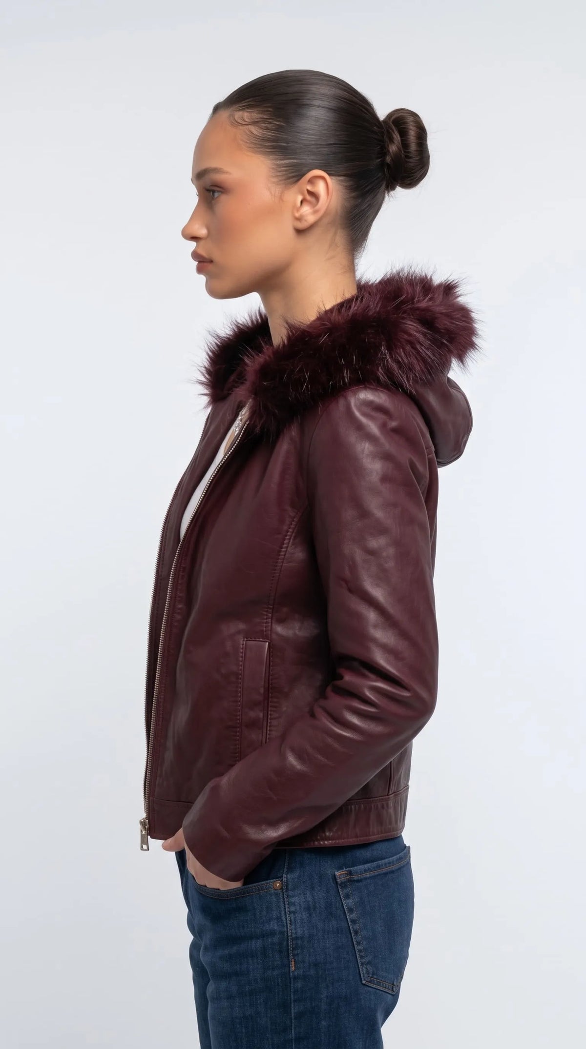 DARK RED VINE LEATHER BAGGY OVERSIZED JACKET WITH BLACK FUR
