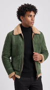 OLIVE GREEN SUEDE AVIATOR JACKET WITH CREAM SHEARLING