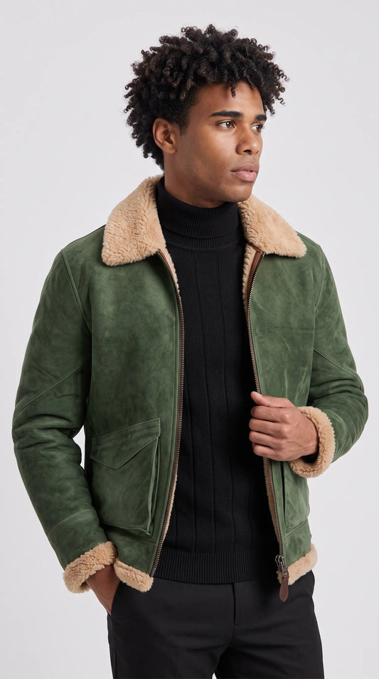 OLIVE GREEN SUEDE AVIATOR JACKET WITH CREAM SHEARLING