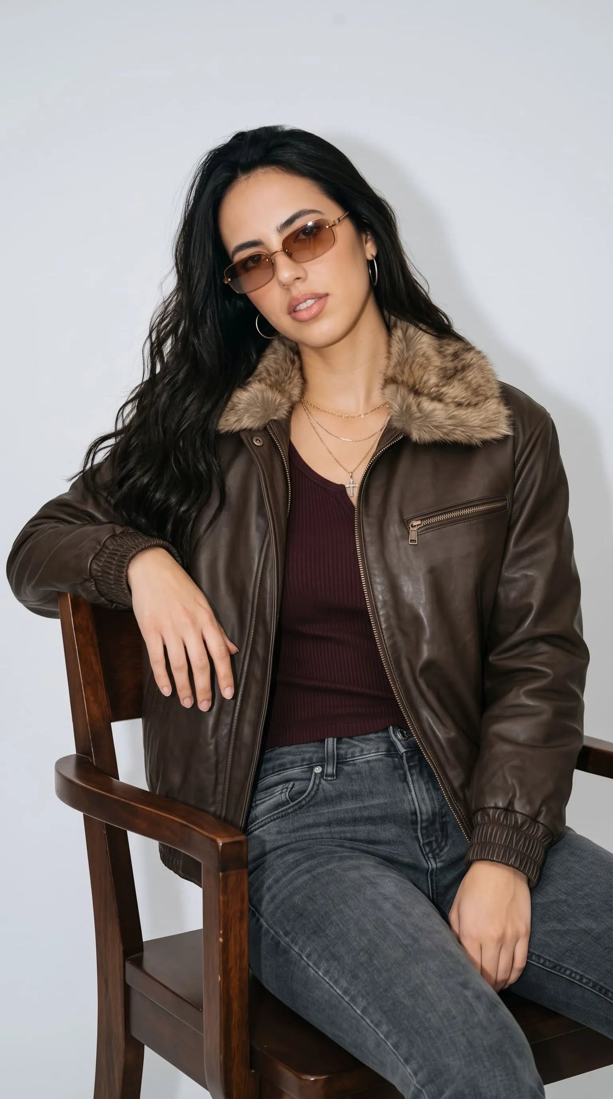 DARK BROWN DISTRESSED LEATHER BAGGY OVERSIZED JACKET WITH FUR
