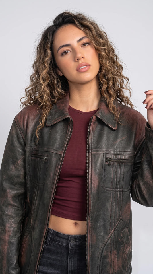 PREMIUM DISTRESSED BLACK LEATHER TRUCKER JACKET