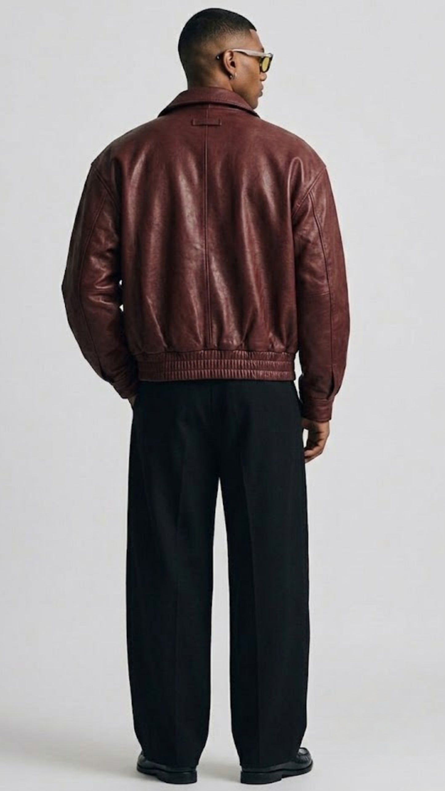 DARK RED LEATHER OVERSIZED BOMBER JACKET