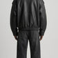 BLACK WRAP-AROUND HIGH NECK LEATHER OVERSIZED JACKET