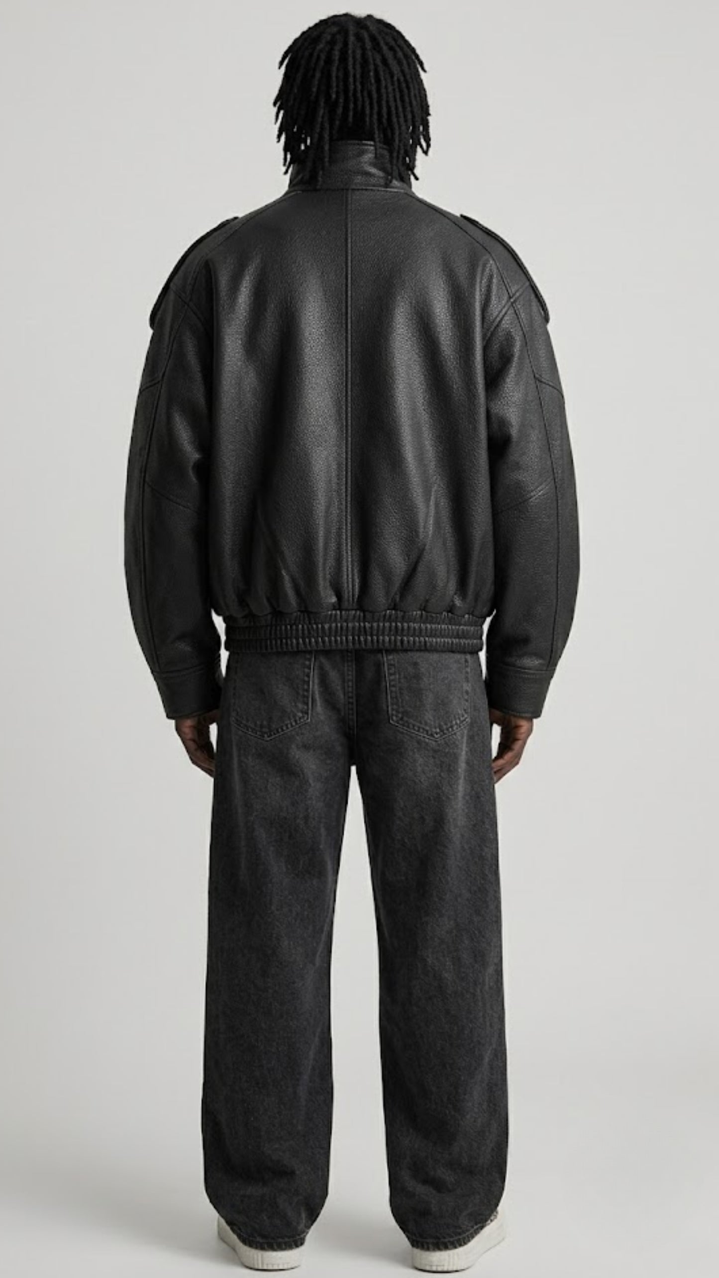BLACK WRAP-AROUND HIGH NECK LEATHER OVERSIZED JACKET