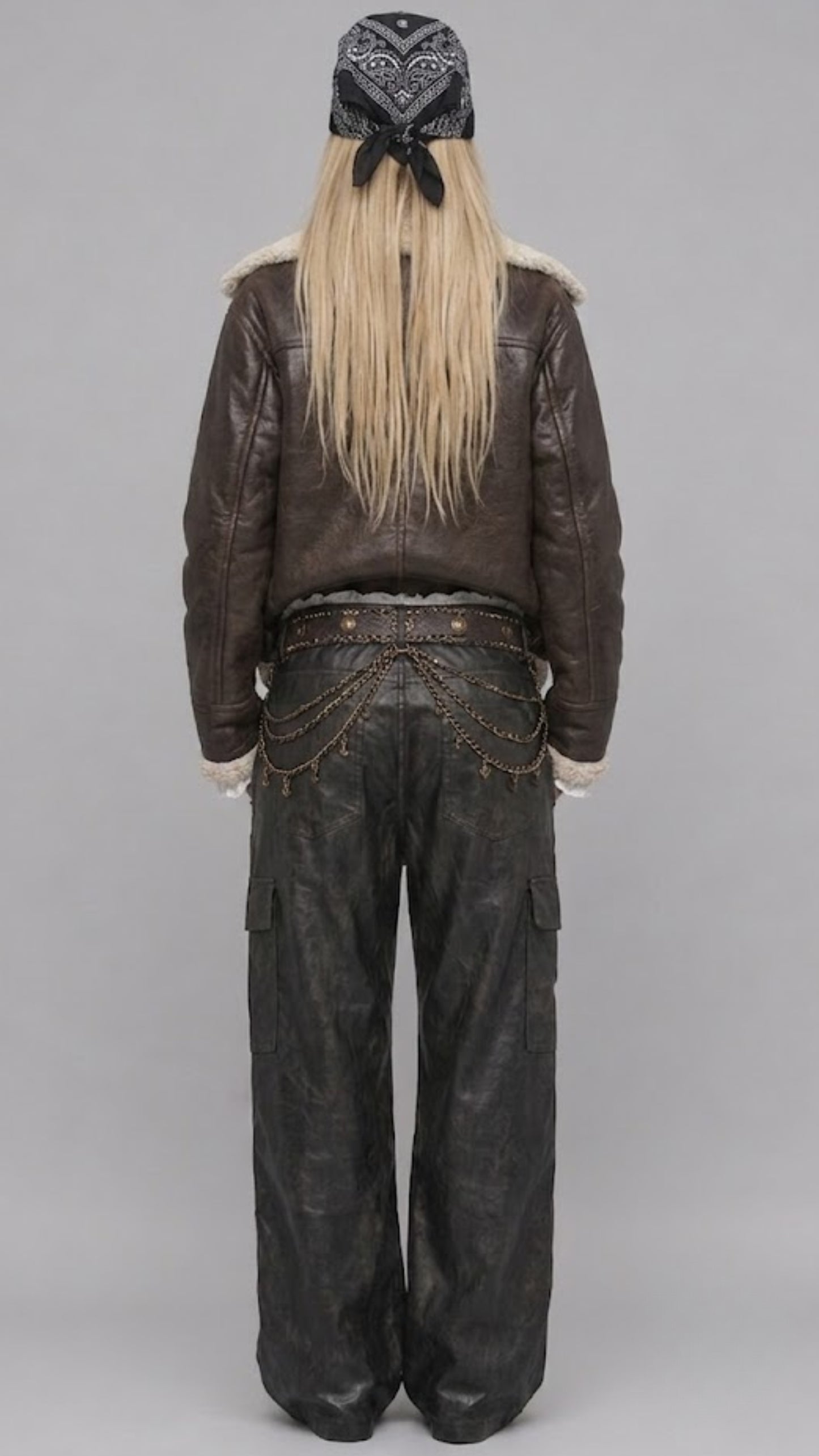 DARK CHOCOLATE BROWN LEATHER BAGGY OVERSIZED JACKET WITH SHEARLING