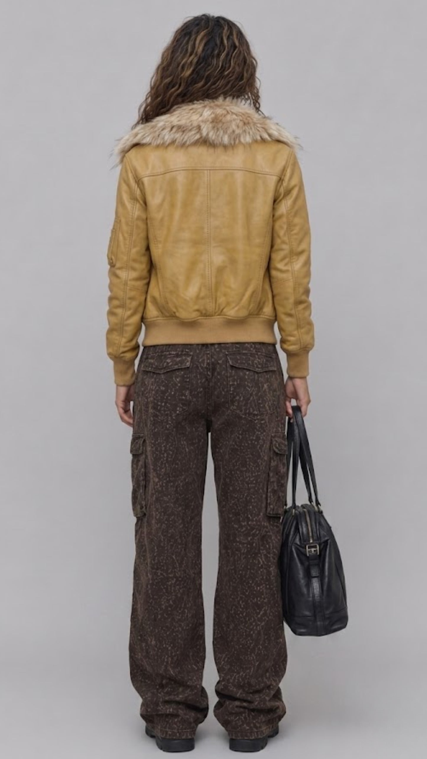 DARK MUSTARD LEATHER JACKET WITH FUR