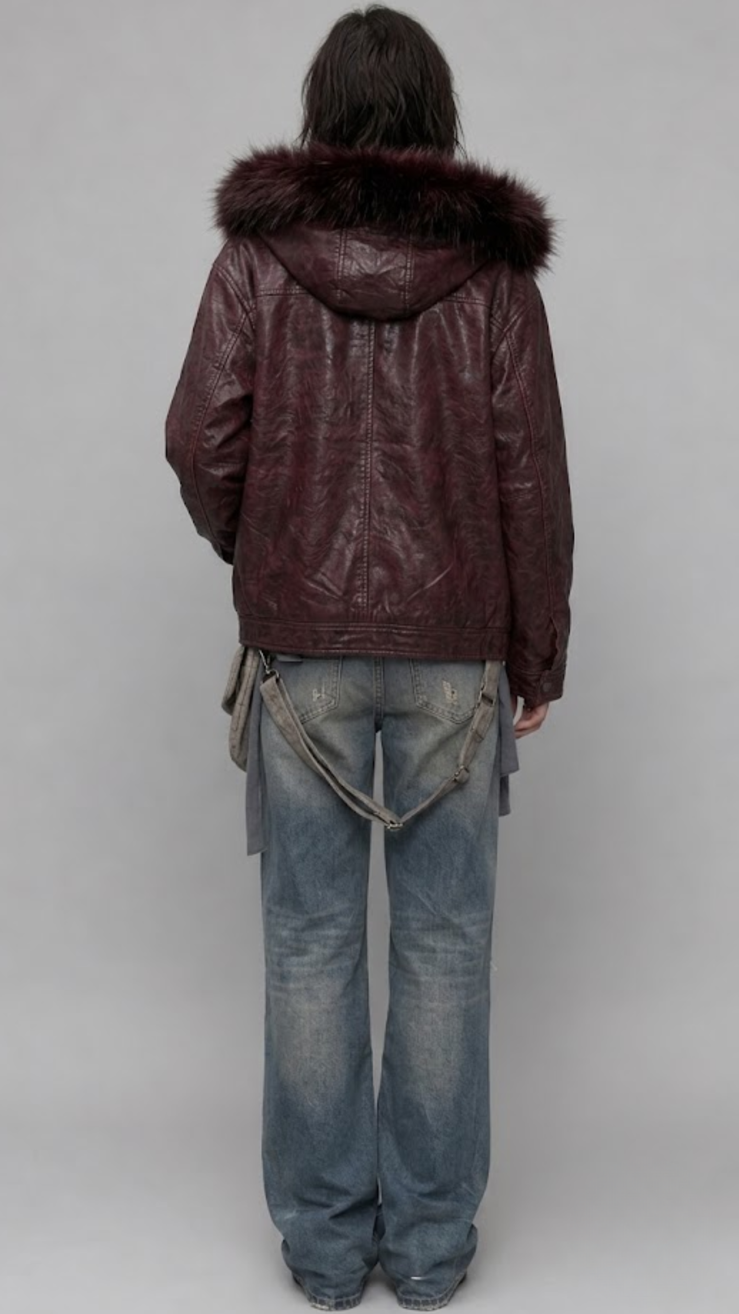 DARK RED VINE LEATHER BAGGY OVERSIZED JACKET WITH BLACK FUR