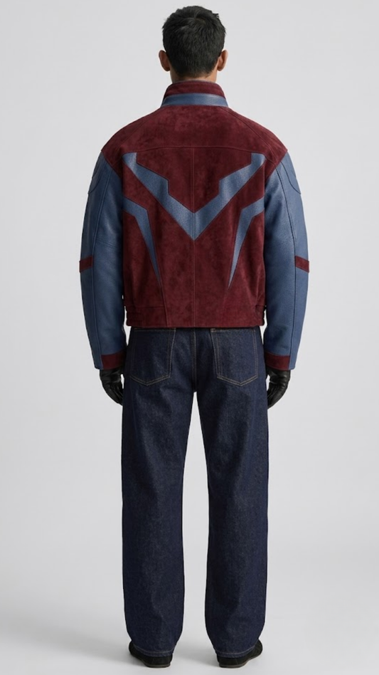 DARK RED SUEDE AND DARK BLUE LEATHER OVERSIZED JACKET