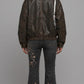 DARK BROWN DISTRESSED LEATHER BAGGY OVERSIZED JACKET WITH FUR