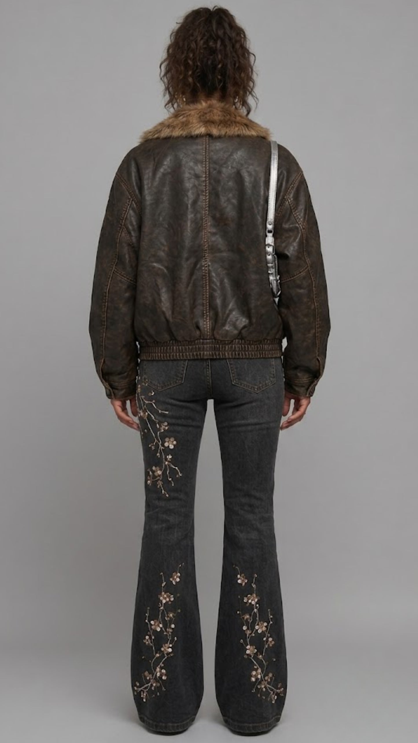 DARK BROWN DISTRESSED LEATHER BAGGY OVERSIZED JACKET WITH FUR