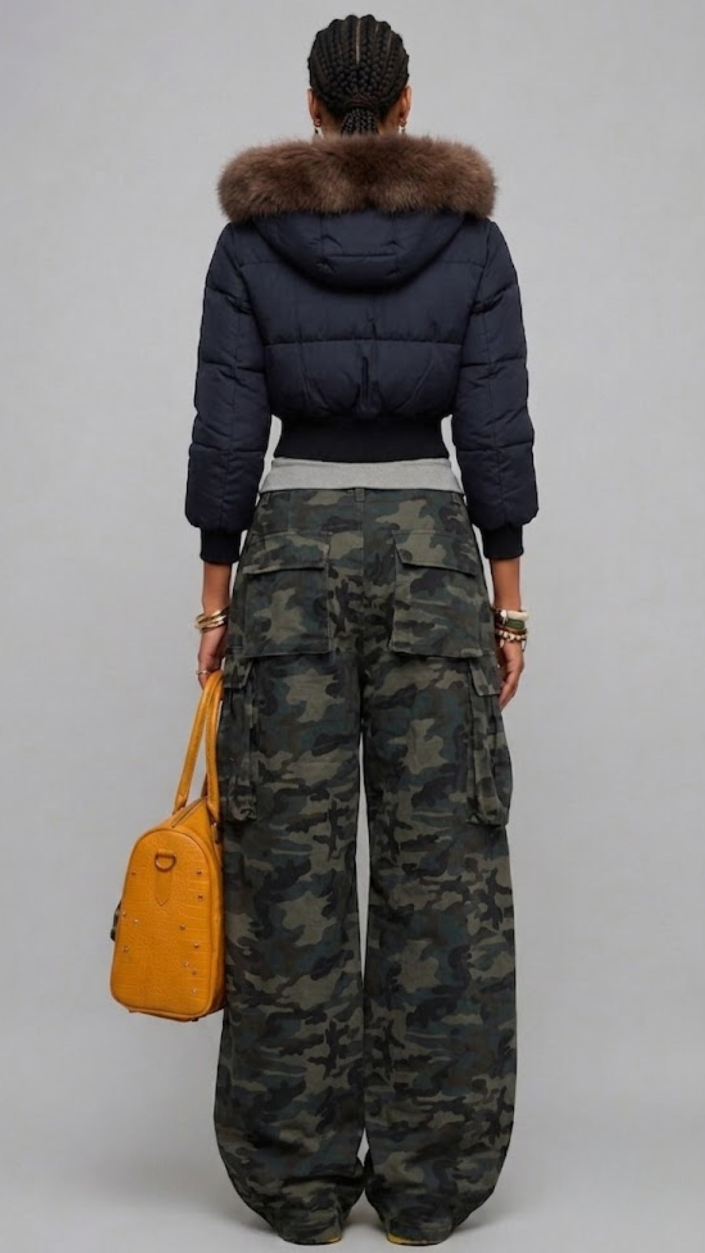 DARK NAVY PUFFER HIGH-WAIST CROPPED JACKET WITH FUR HOOD