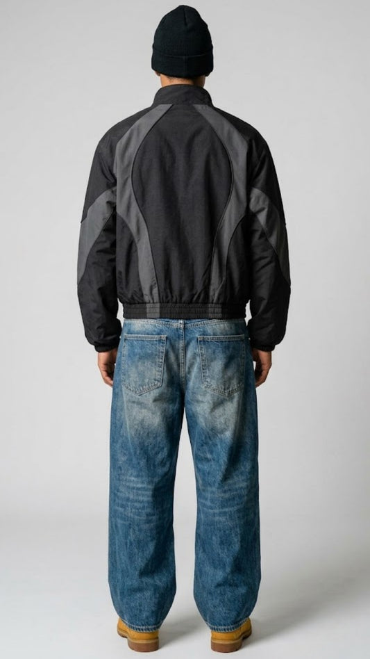 BLACK AND DARK GREY NYLON Y2K OVERSIZED JACKET
