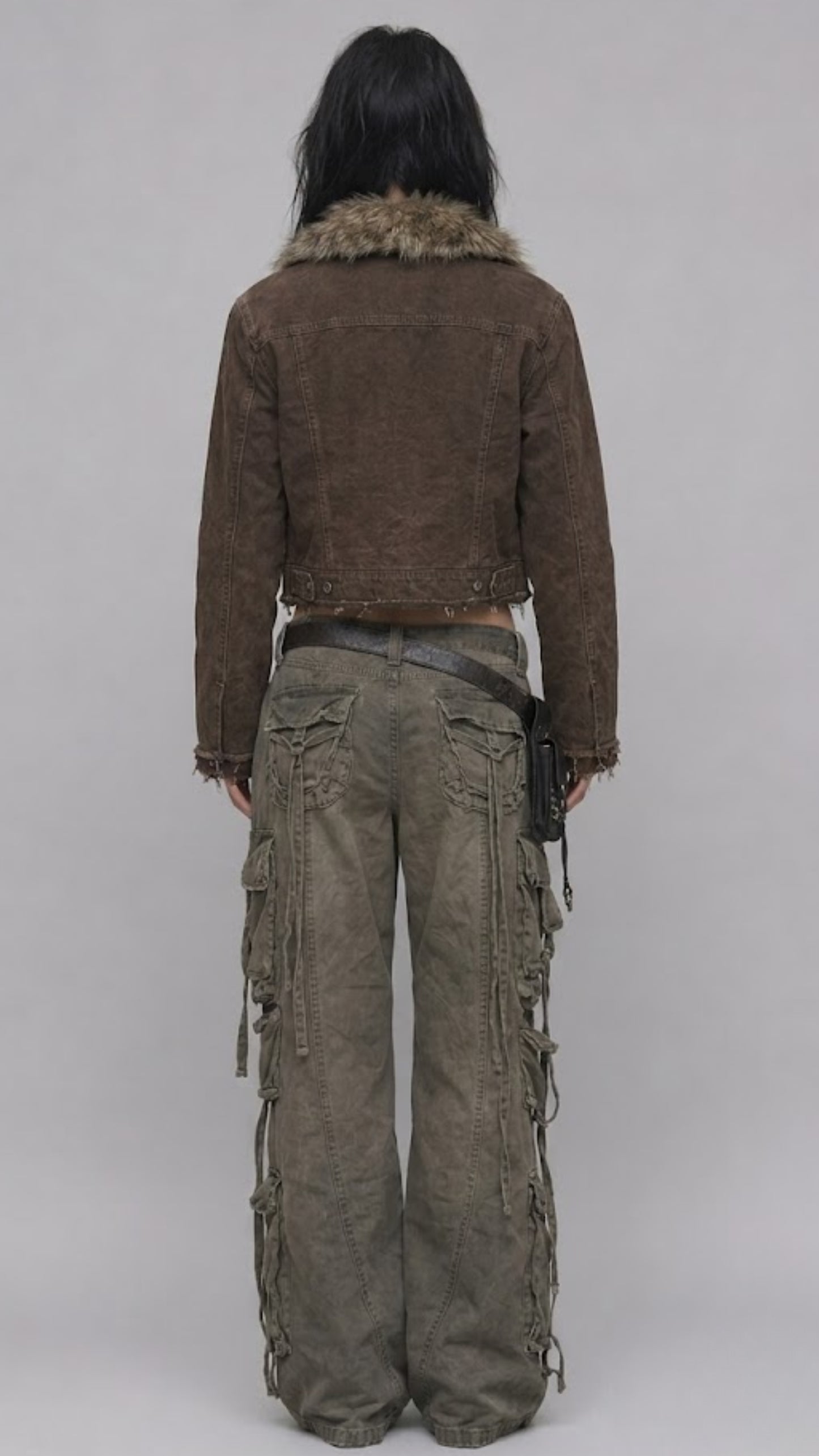 DARK KHAKI DENIM YK2 JACKET WITH FUR COLLAR