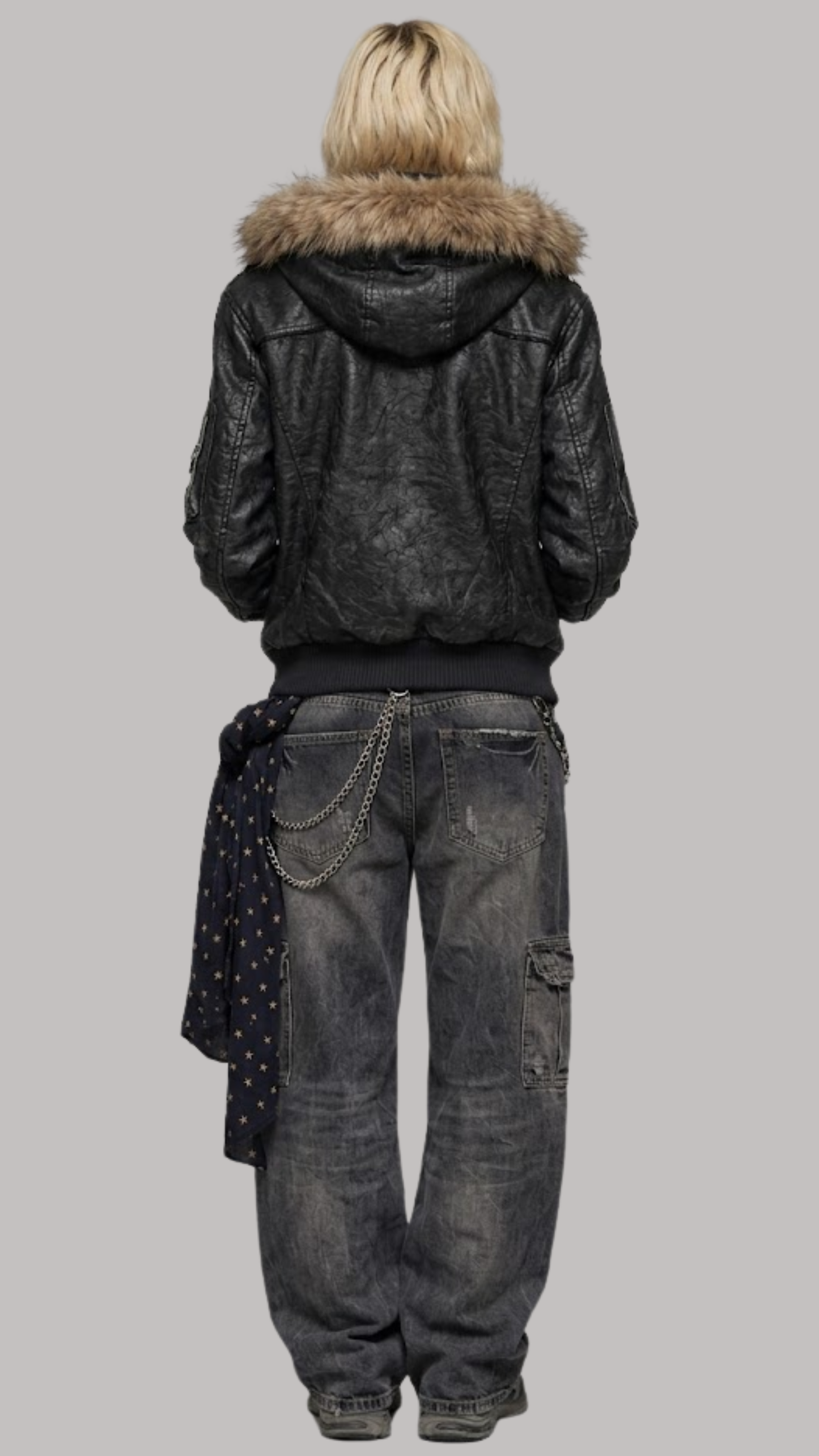 DARK BLACK LEATHER BAGGY OVERSIZED Y2K JACKET WITH BROWN FUR