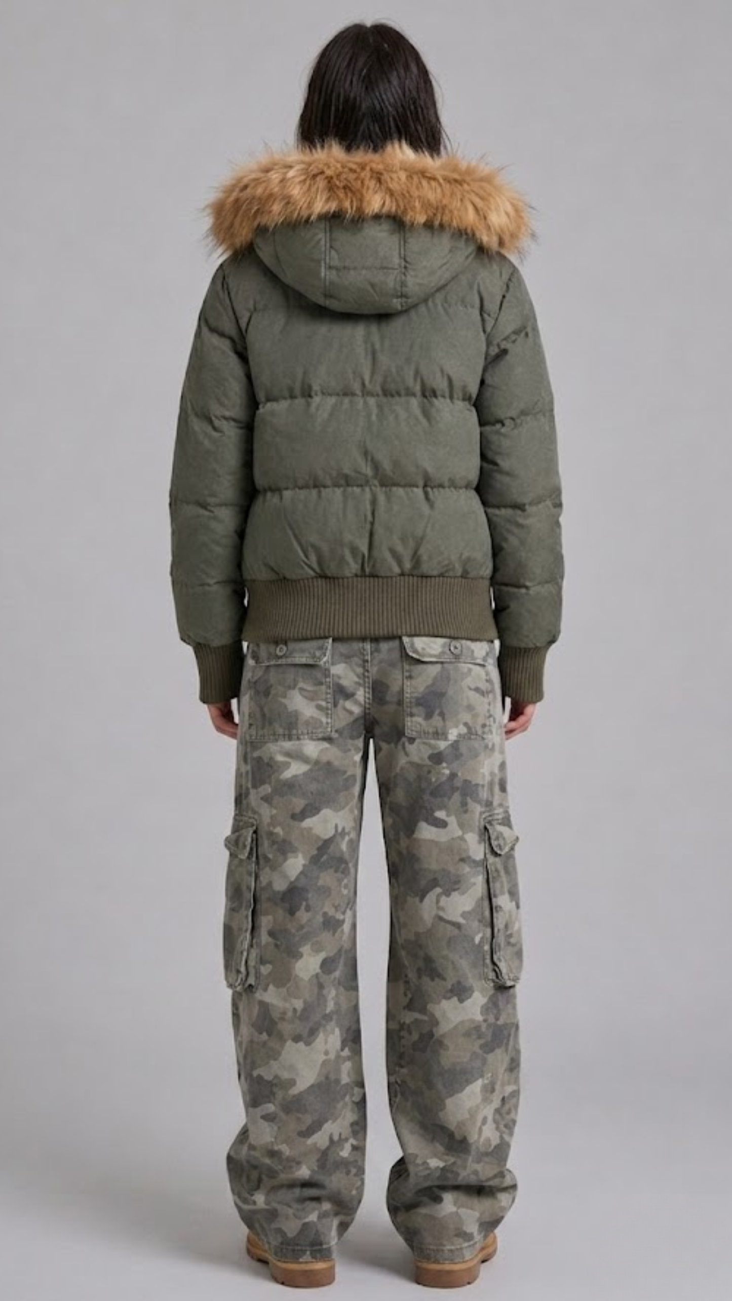 OLIVE PUFFER OVERSIZE JACKET WITH FUR