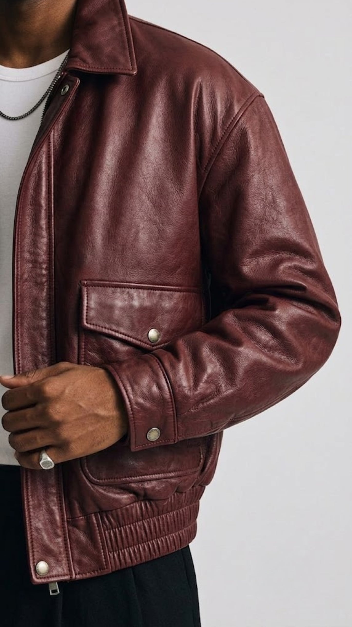 DARK RED LEATHER OVERSIZED BOMBER JACKET