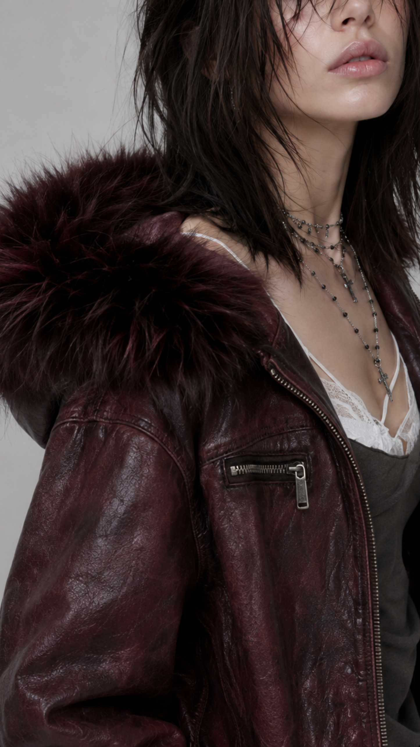 DARK RED VINE LEATHER BAGGY OVERSIZED JACKET WITH BLACK FUR