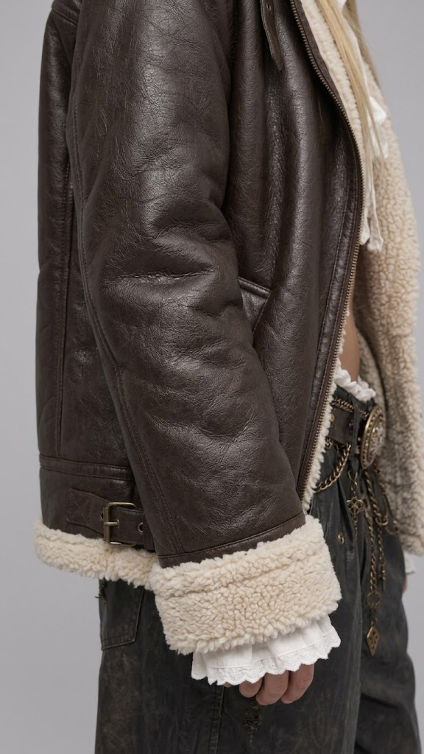DARK CHOCOLATE BROWN LEATHER BAGGY OVERSIZED JACKET WITH SHEARLING