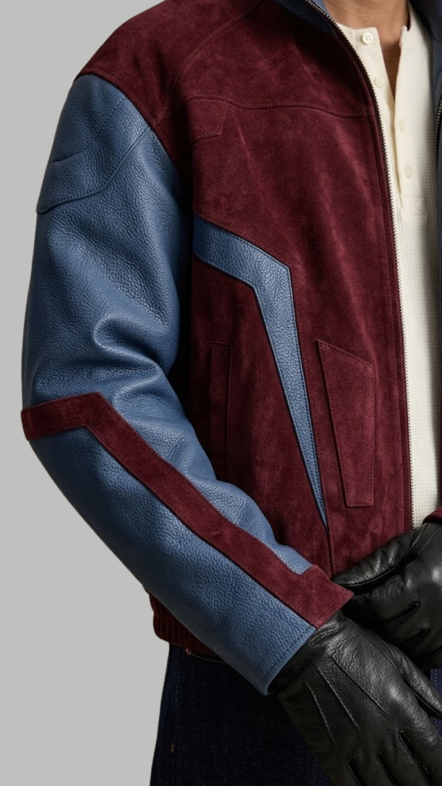 DARK RED SUEDE AND DARK BLUE LEATHER OVERSIZED JACKET