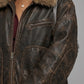 DARK BROWN DISTRESSED LEATHER BAGGY OVERSIZED JACKET WITH FUR