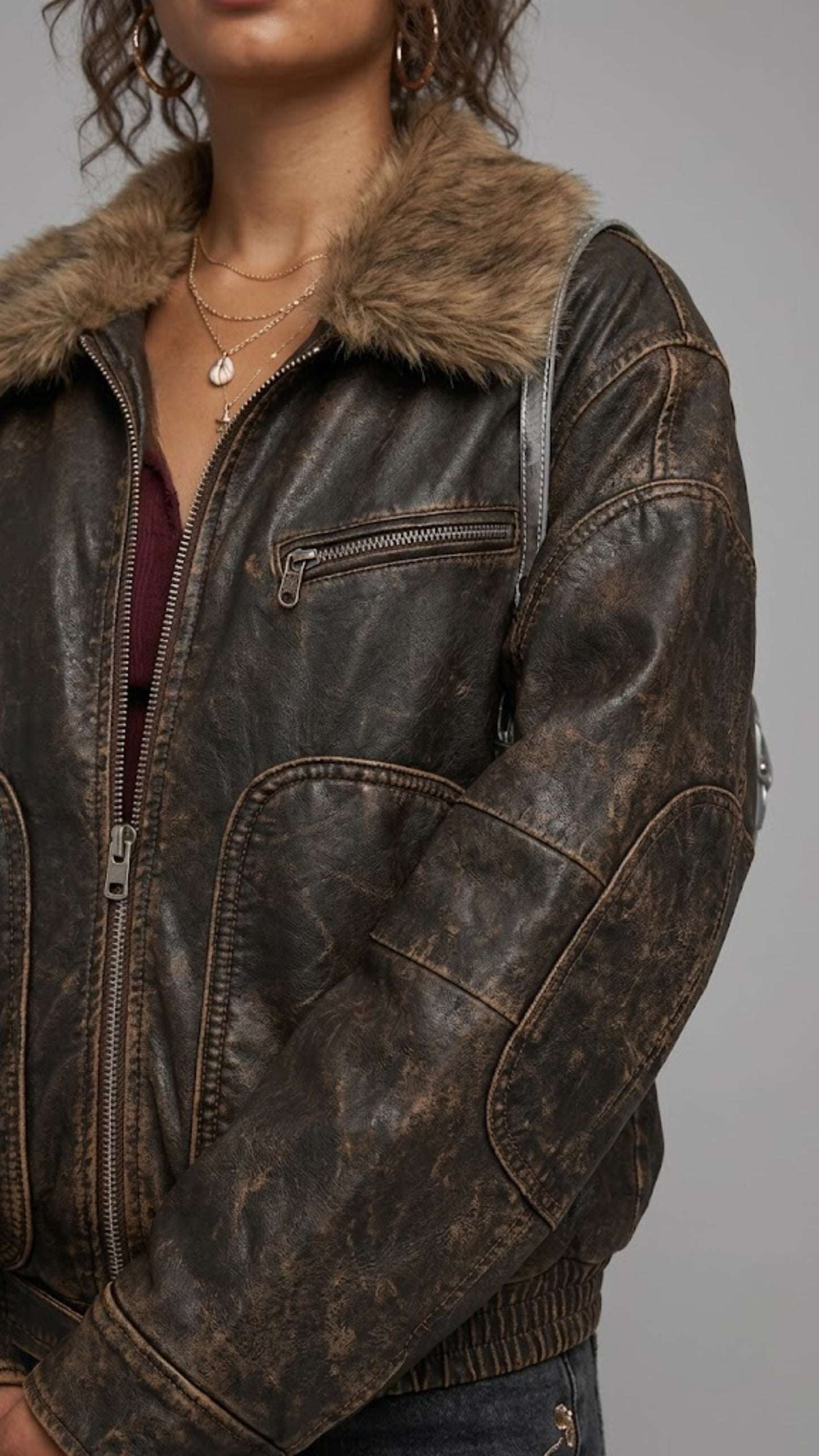 DARK BROWN DISTRESSED LEATHER BAGGY OVERSIZED JACKET WITH FUR